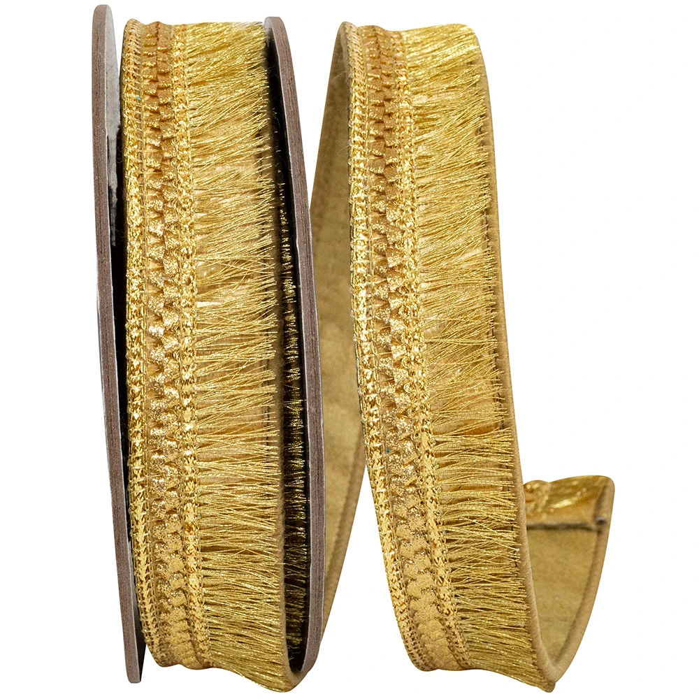 7/8" x 5 Yards - Fringe Velvet Plush Gold Wired Ribbon