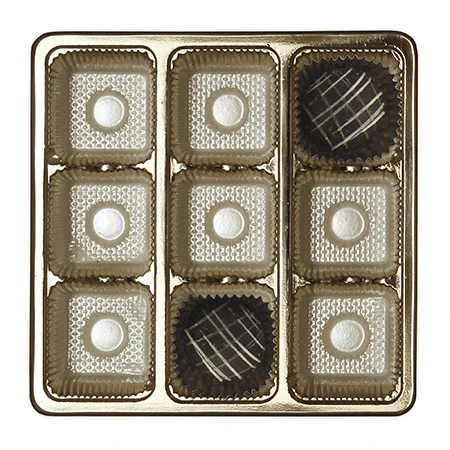 50 Sets - 8 oz. 1 Piece - Satin Heart Window Boxes and 9 Cavity Gold Trays- 5-3/4" x 5-3/4" x 1-1/4"