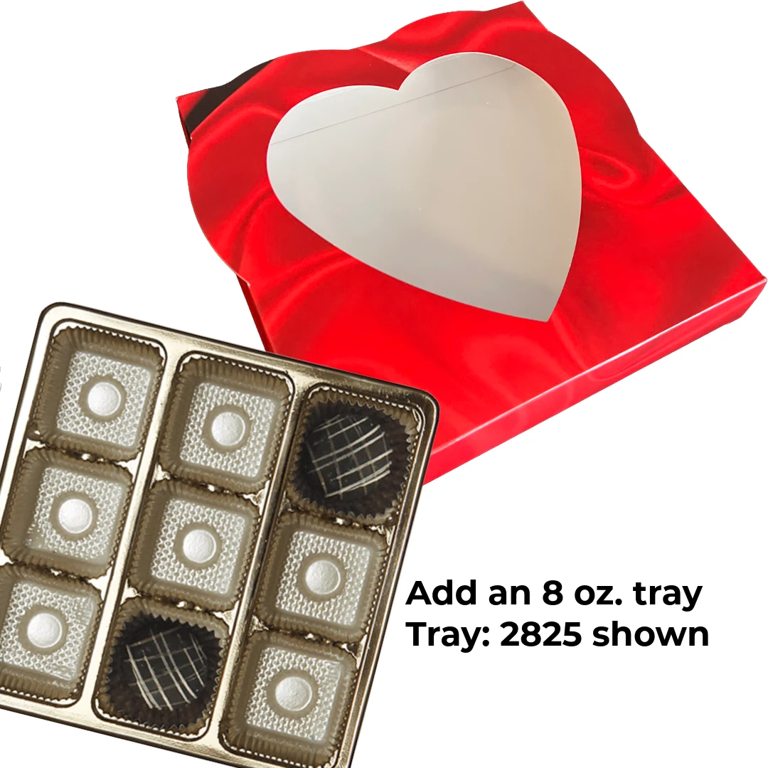 50 Sets - 8 oz. 1 Piece - Satin Heart Window Boxes and 9 Cavity Gold Trays- 5-3/4" x 5-3/4" x 1-1/4"