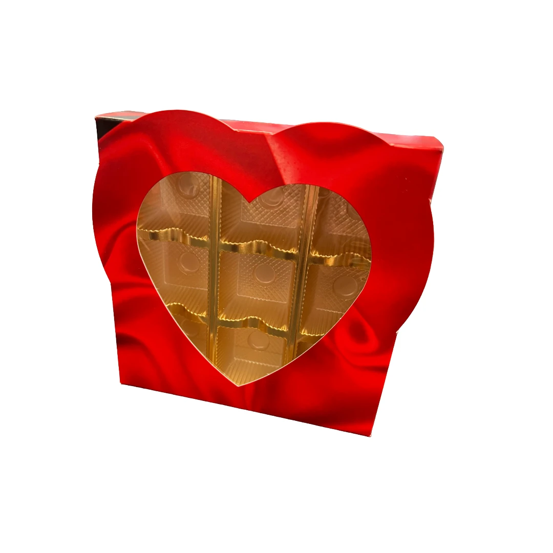 50 Sets - 8 oz. 1 Piece - Satin Heart Window Boxes and 9 Cavity Gold Trays- 5-3/4" x 5-3/4" x 1-1/4"