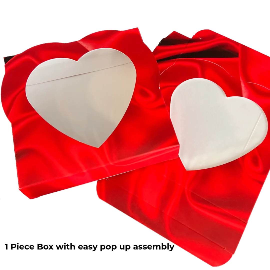 50 Sets - 16 oz. 1 Piece - Satin Heart Window Boxes and Gold Trays 7-3/4" x 7-3/4" x 1-1/4"