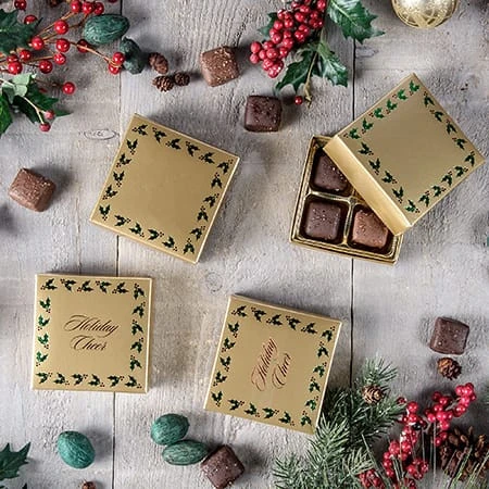 50 Covers - 3 oz. Candy Box Covers - Gold with Holly Berry 3-11/16" x 3-11/16" x 1-1/8"
