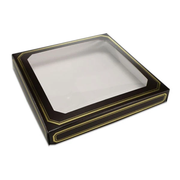 50 Covers - 16 oz. Candy Box Covers - Brown/Gold Trim & Window - 7-3/4" x 7-3/4" x 1-1/8"