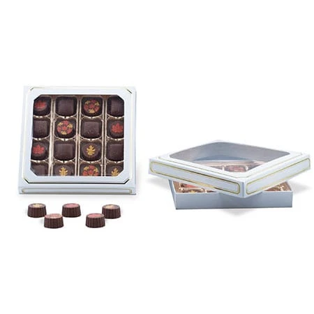 50 Covers - 16 oz. Candy Box Covers - White/Gold Trim & Window - 7-3/4" x 7-3/4" x 1-1/8"