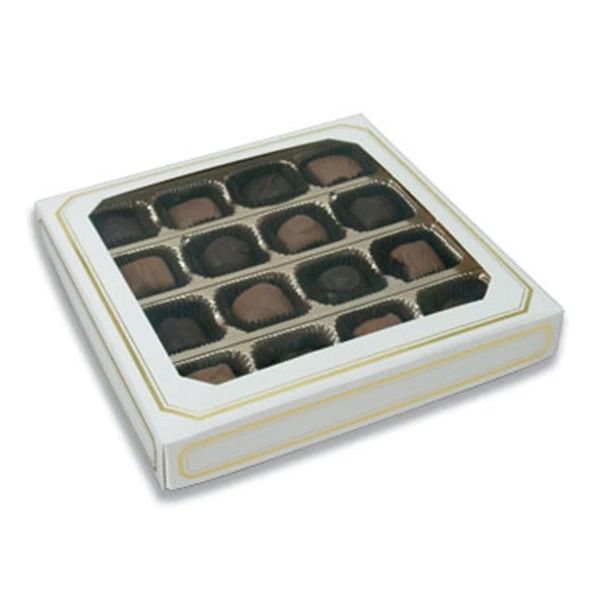 50 Covers - 16 oz. Candy Box Covers - White/Gold Trim & Window - 7-3/4" x 7-3/4" x 1-1/8"