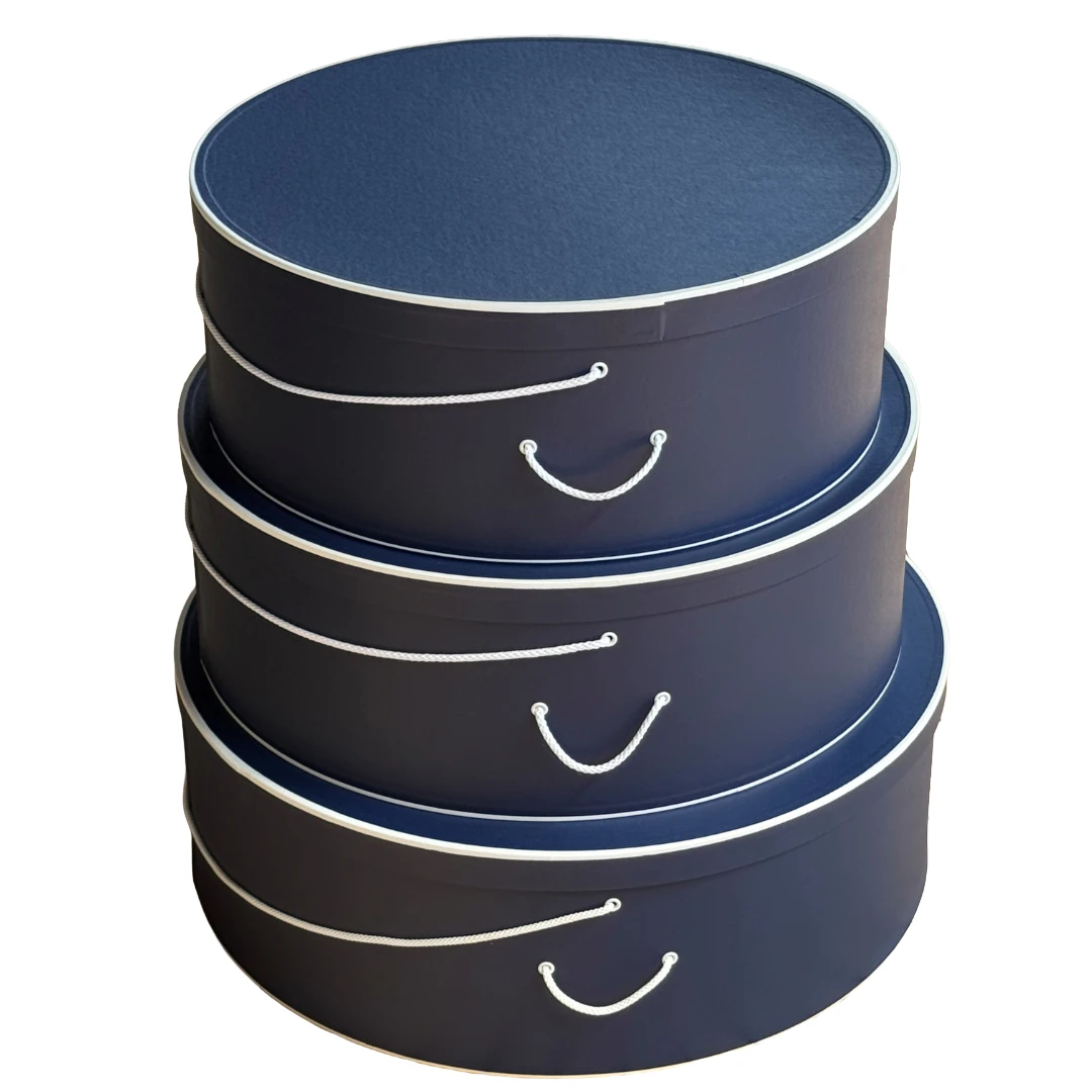 XL Rigid Hat Box Set of 3 Boxes - Navy Blue with White Trim - XL Nest: 20", 22" & 24" diameters