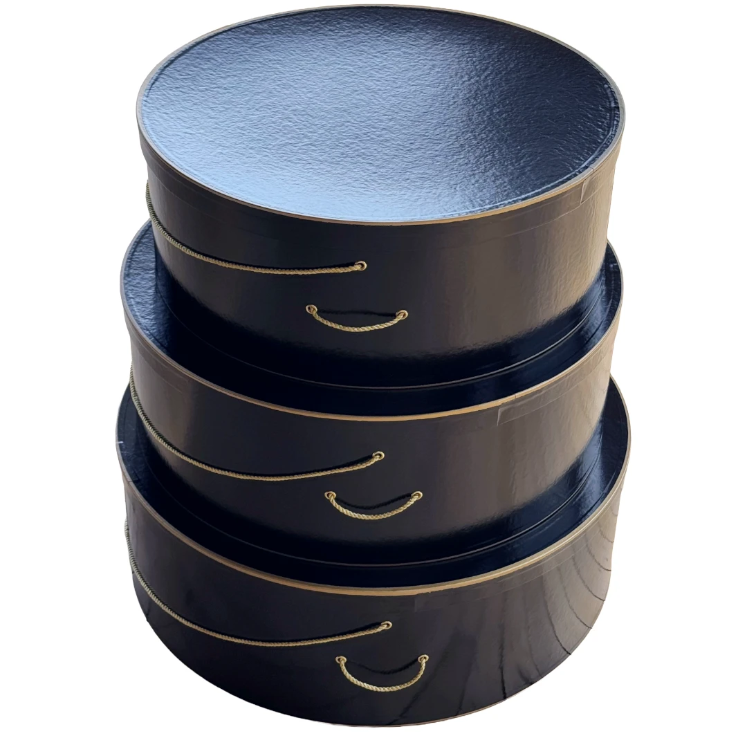 XL Rigid Hat Box Set of 3 Boxes - Black with Gold Trim - XL Nest: 20", 22" & 24" diameters