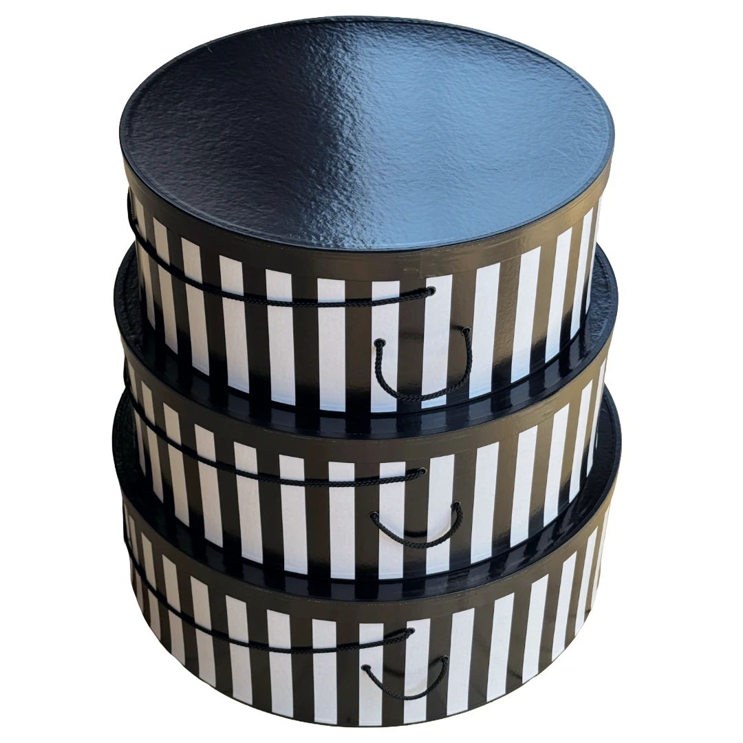 XL Rigid Hat Box Set of 3 Boxes - Black & White Stripe - XL Nest: 20", 22" & 24" diameters