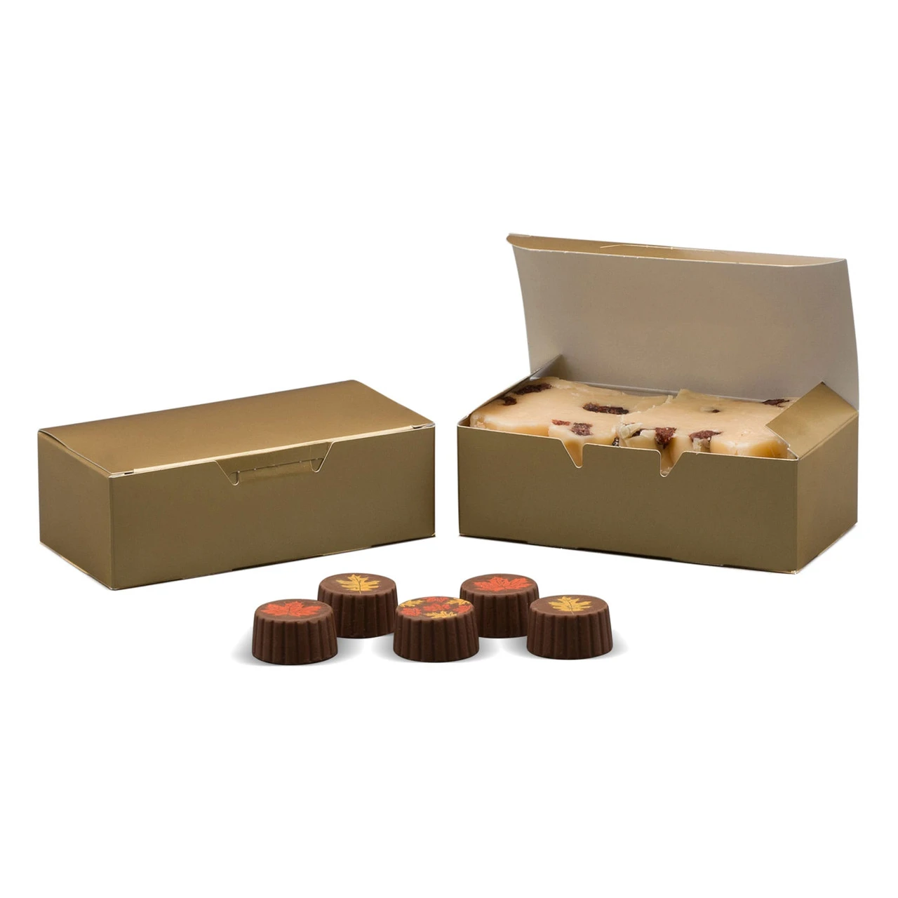 CLEARANCE-MADE IN USA - 50 Boxes 1/2 lb. Candy & Fudge Boxes - Gold 5-1/2" x 2-3/4" x 1-3/4"