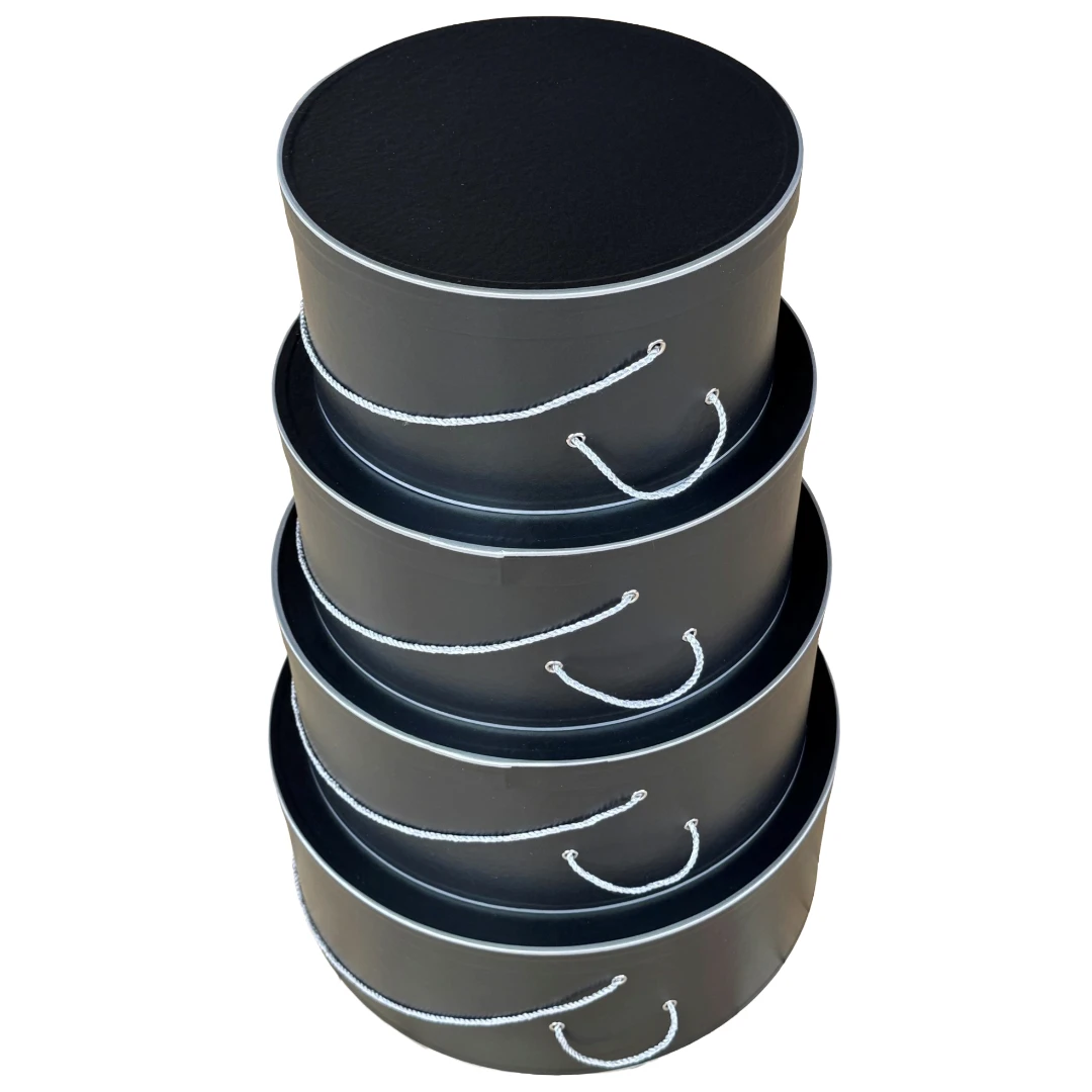 Rigid Hat Box Sets - Black Arcadia with Silver Trim - Set of 4