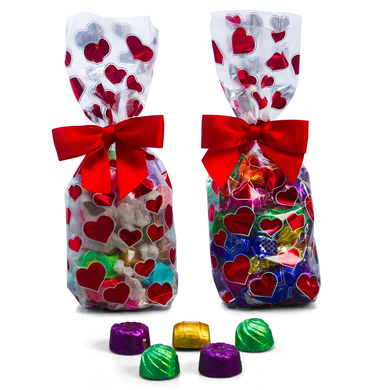 50 Bags - 1 lb. - 2.5 Mil Foil Accented Soft Bottom Cello Bags - Red Hearts