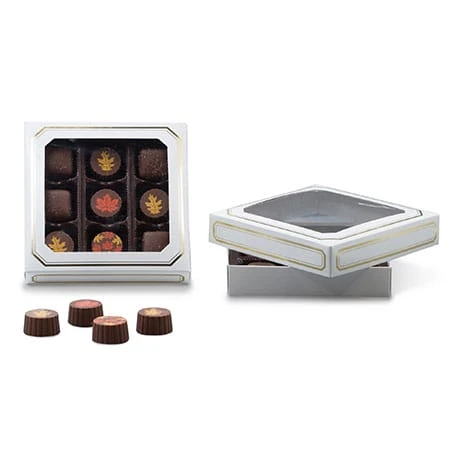 50 Boxes - 8 oz. Candy Box Covers - White/Gold Trim & Window - 5-3/4" x 5-3/4" x 1-1/8"