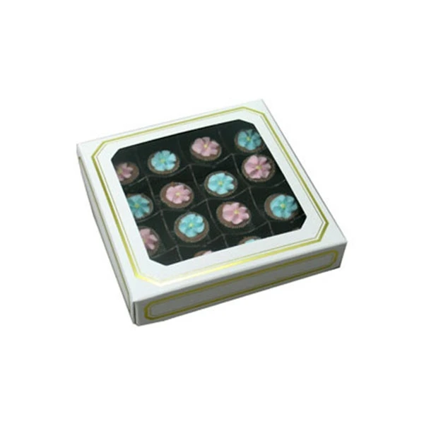 50 Boxes - 8 oz. Candy Box Covers - White/Gold Trim & Window - 5-3/4" x 5-3/4" x 1-1/8"