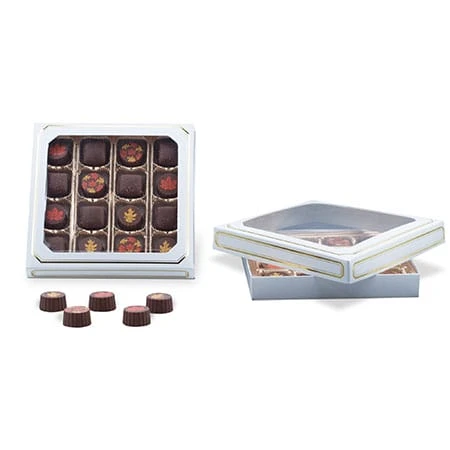 250 Covers - 16 oz. Candy Box Covers - White/Gold Trim & Window - 7-3/4" x 7-3/4" x 1-1/8"