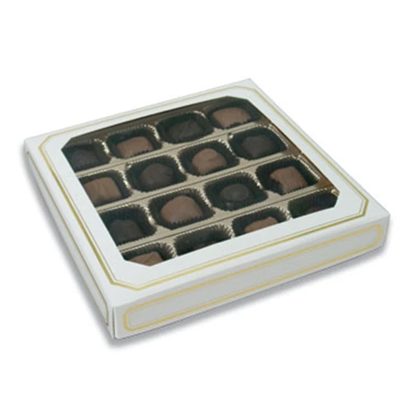 250 Covers - 16 oz. Candy Box Covers - White/Gold Trim & Window - 7-3/4" x 7-3/4" x 1-1/8"