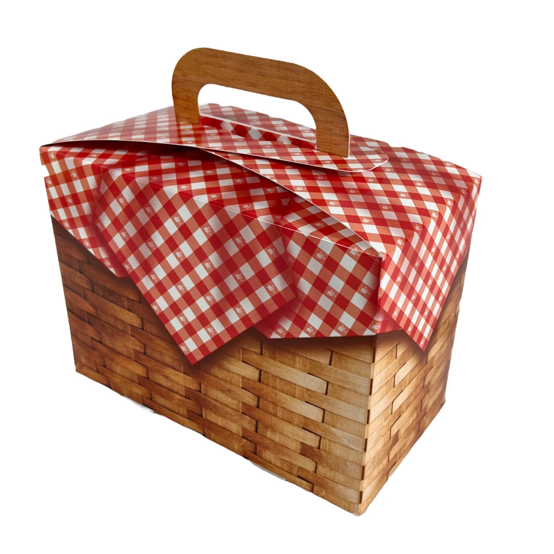 100 Boxes - Large Picnic Basket Gable Boxes with Handles - 8-1/2" x 4-1/2" x 6"