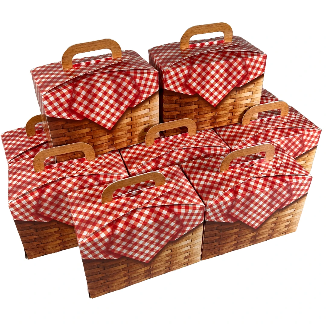 100 Boxes - Large Picnic Basket Gable Boxes with Handles - 8-1/2" x 4-1/2" x 6"