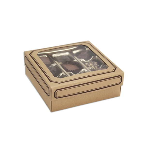 50 Boxes - 8 oz. Candy Box Covers - Kraft with Windows/Trim - 5-3/4" x 5-3/4" x 1-1/8"