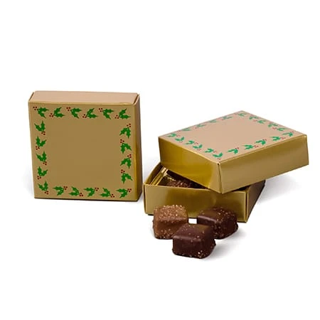 250 Covers - 3 oz. Candy Box Covers - Gold with Holly Berry 3-11/16" x 3-11/16" x 1-1/8"