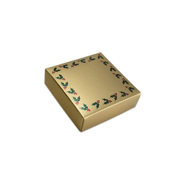250 Covers - 3 oz. Candy Box Covers - Gold with Holly Berry 3-11/16" x 3-11/16" x 1-1/8"