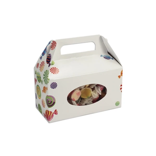 50 Boxes - Gable Tote with Window - Wrapped Candies - 6-3/8" x 3" x 3-1/2"
