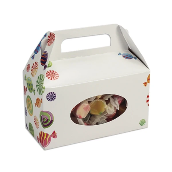 50 Boxes - Gable Tote with Window - Wrapped Candies - 6-3/8" x 3" x 3-1/2"