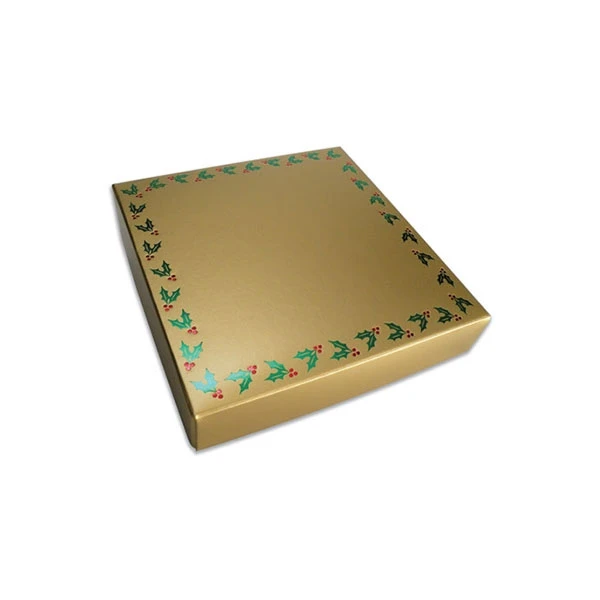 50 Boxes - 8 oz. Candy Box Covers - Gold with Emerald Holly Berries - 5-3/4" x 5-3/4" x 1-1/8"