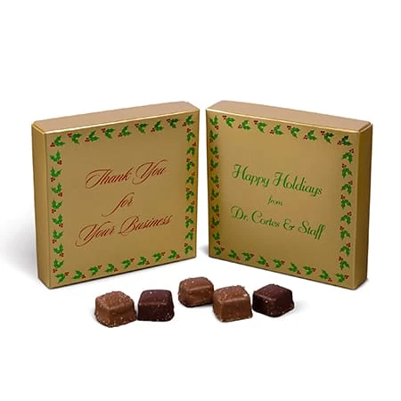 50 Boxes - 8 oz. Candy Box Covers - Gold with Emerald Holly Berries - 5-3/4" x 5-3/4" x 1-1/8"