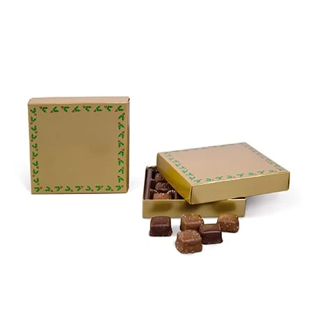 50 Boxes - 8 oz. Candy Box Covers - Gold with Emerald Holly Berries - 5-3/4" x 5-3/4" x 1-1/8"