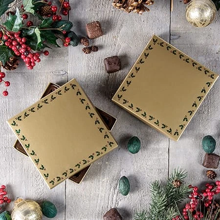 50 Boxes - 8 oz. Candy Box Covers - Gold with Emerald Holly Berries - 5-3/4" x 5-3/4" x 1-1/8"