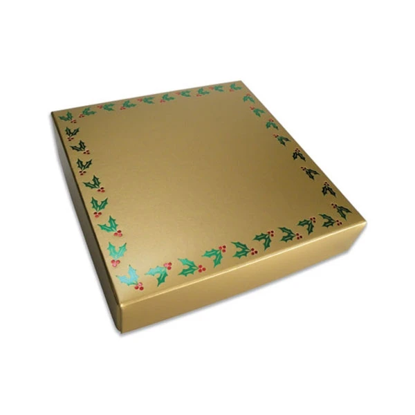 250 Covers - 16 oz. Candy Box Covers - Gold with Emerald Holly Berries - 7-3/4" x 7-3/4" x 1-1/8"