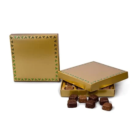 250 Covers - 16 oz. Candy Box Covers - Gold with Emerald Holly Berries - 7-3/4" x 7-3/4" x 1-1/8"