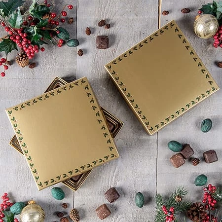 250 Covers - 16 oz. Candy Box Covers - Gold with Emerald Holly Berries - 7-3/4" x 7-3/4" x 1-1/8"