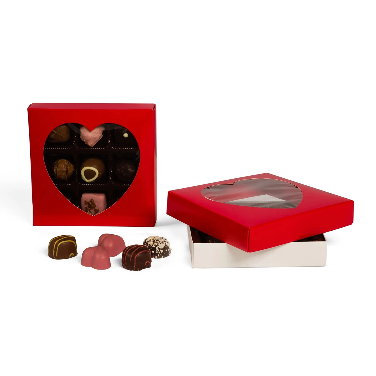 50 Boxes - 8 oz. Candy Box Covers - Red with Heart Window - 5-3/4" x 5-3/4" x 1-1/8"