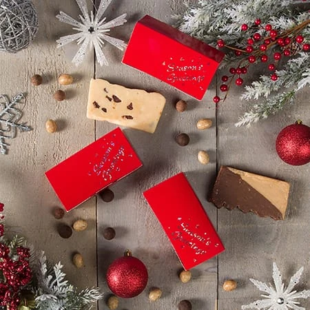 50 Boxes 1/2 lb. Candy & Fudge Boxes Red Season's Greetings 5-1/2" x 2-3/4" x 1-3/4"