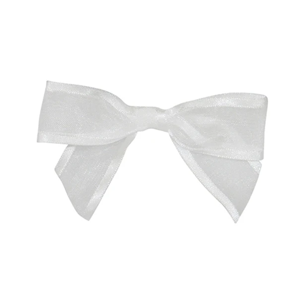7/8" Sheer Satin Edge White - Pre-Tied Twist Tie Bows - 100 Bows/Pack